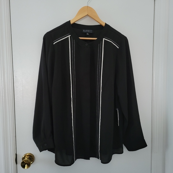Eloquii Tops - Eloquii || 14 Black Hidden Button Down White Piping Contrast Stitching Blouse